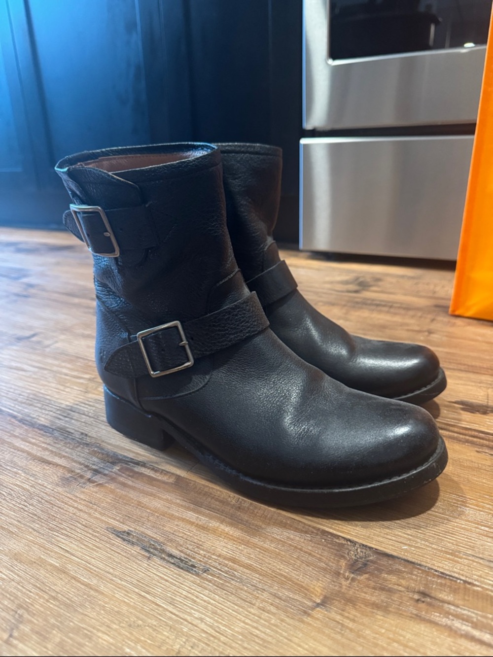 Frye Black Leather Buckle Ankle Boots
